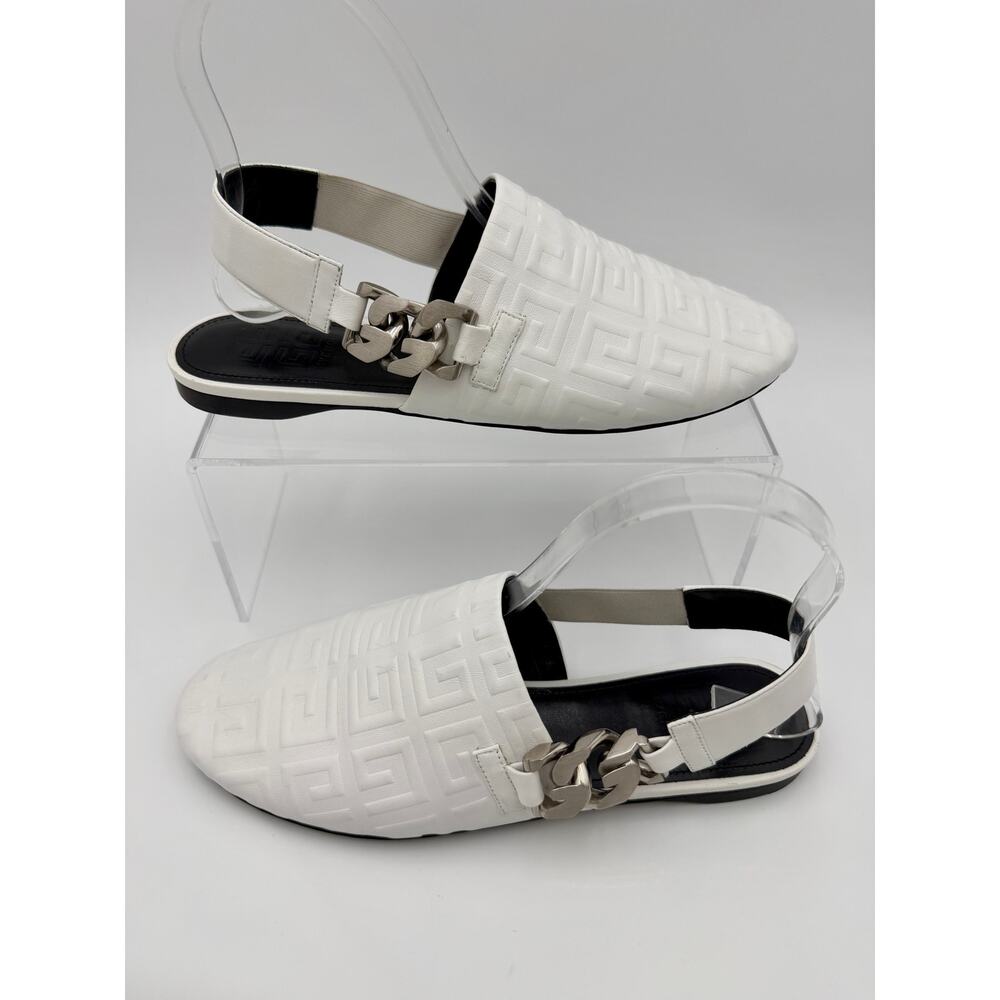 Givenchy Slingback Mules Flats White Leather Size 38.5 / 8 Logo Embossed Chain